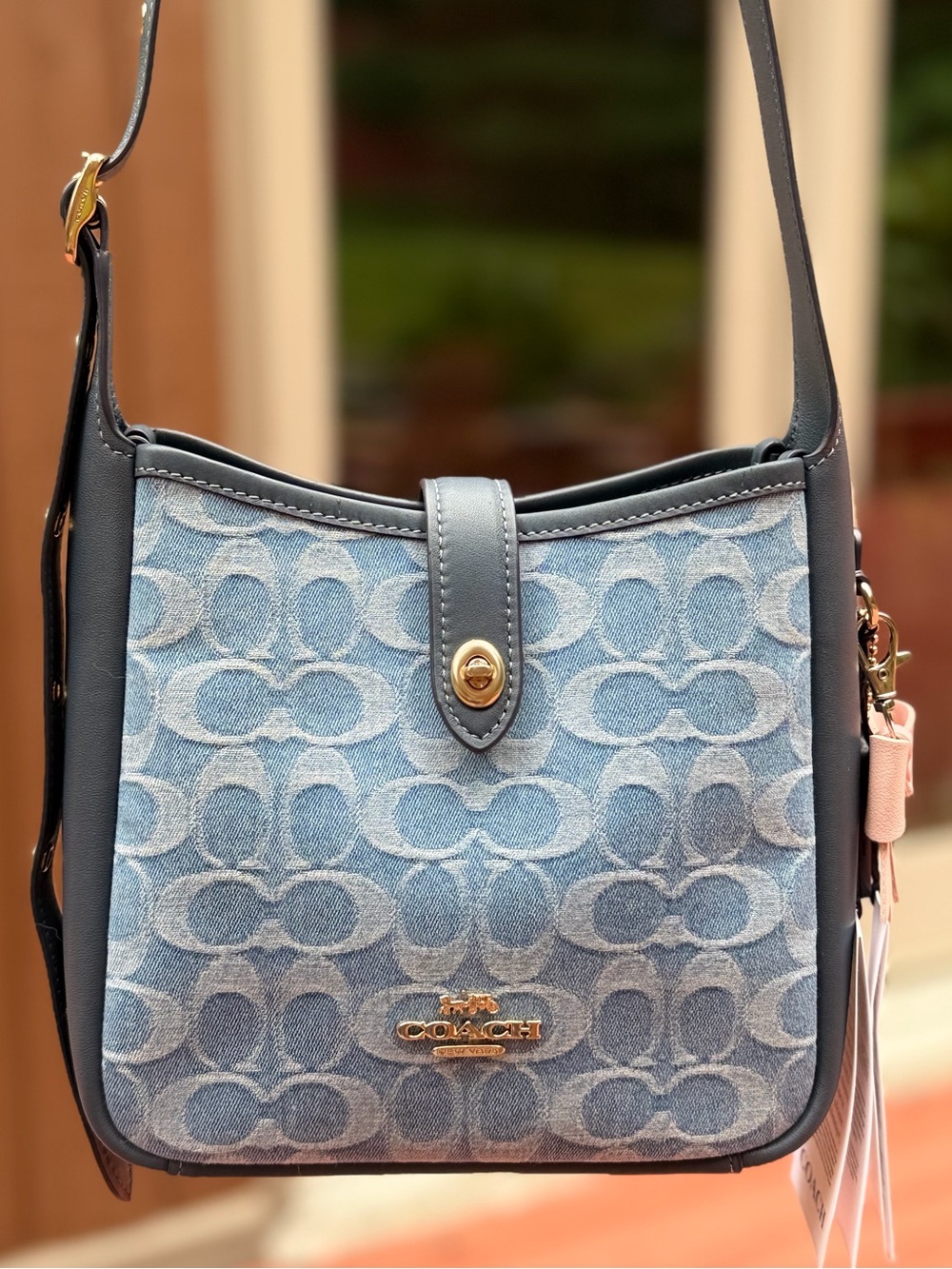 Coach NEW Signature Denim Crossbody Bag Turnlock Navy Leather Trim